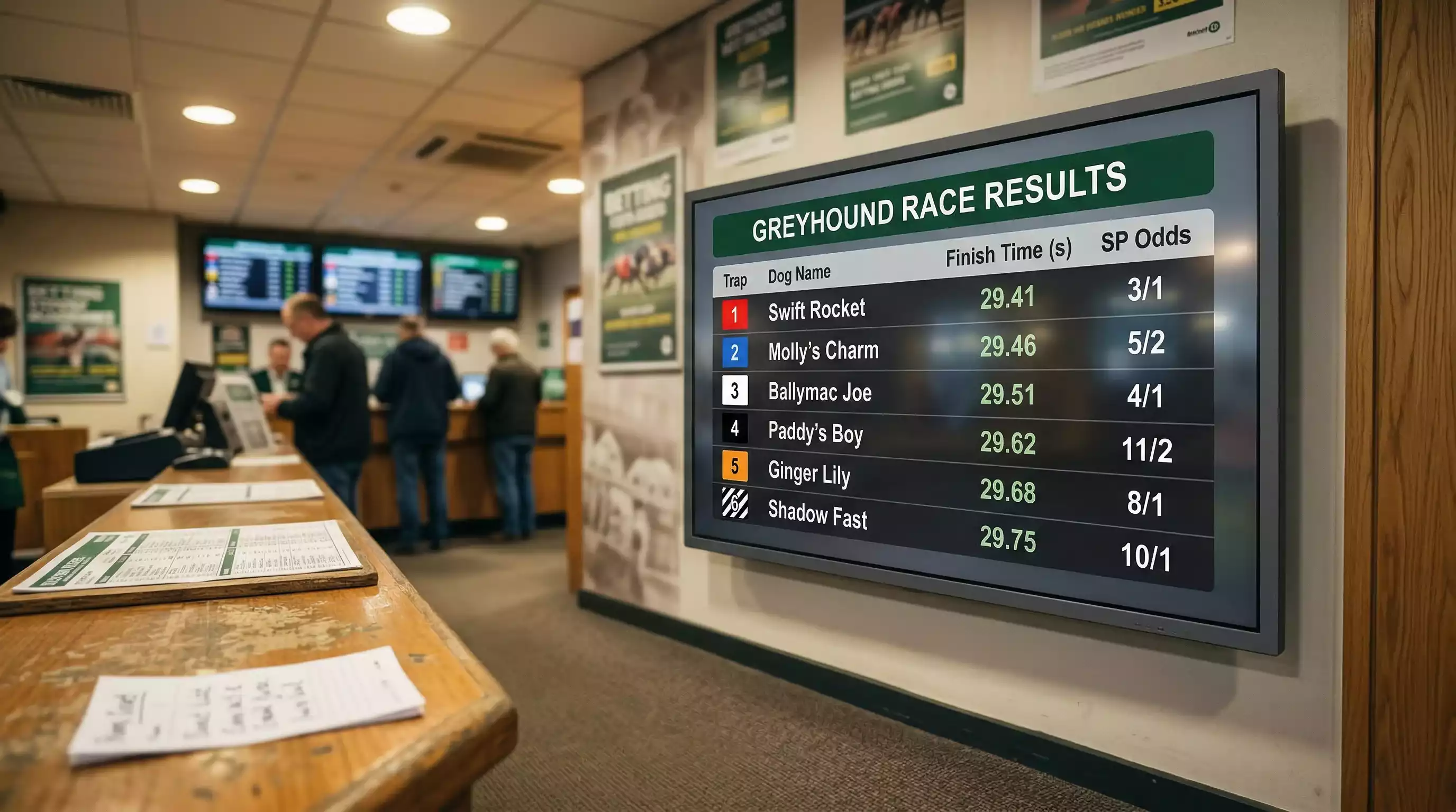 Live greyhound race results displayed on a screen at a UK bookmaker showing trap numbers and finishing times