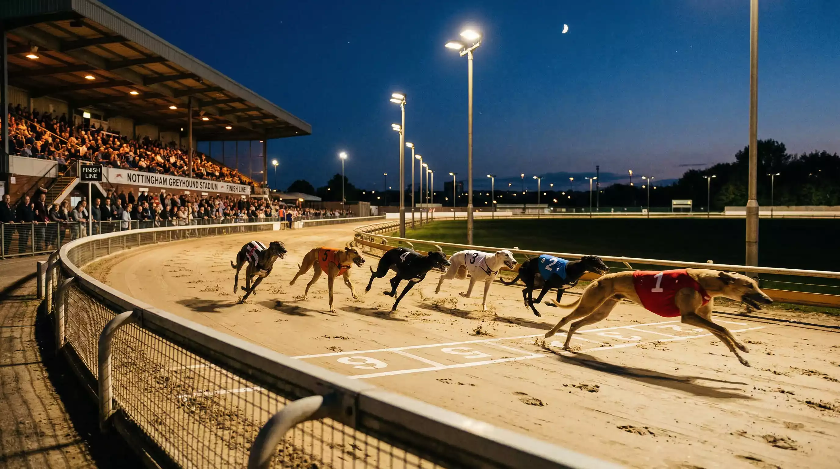 Nottingham Greyhound Stadium at Colwick Park during an evening race meeting with floodlights illuminating the sand track