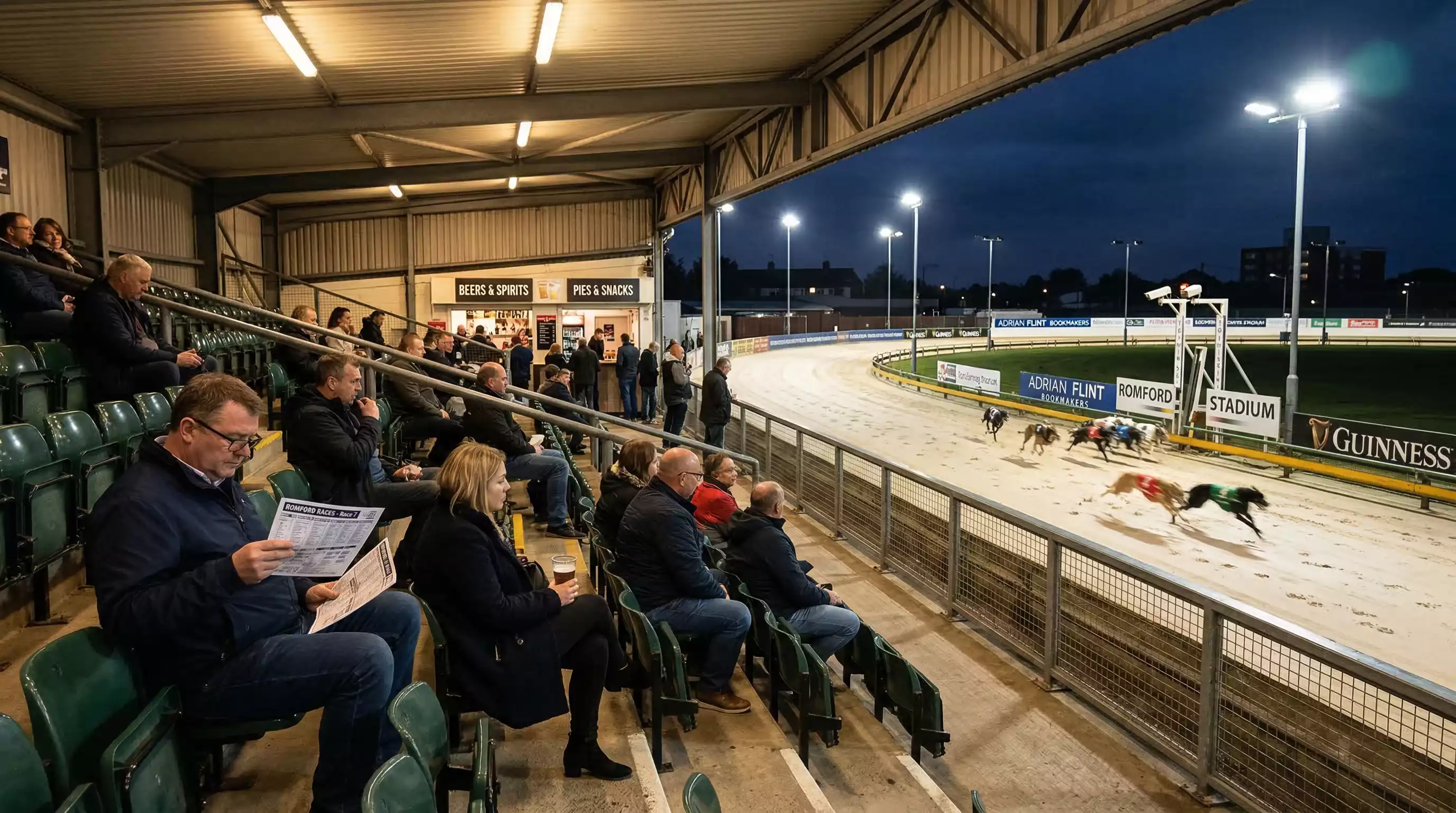 Spectators watching greyhound racing from a covered grandstand at an evening meeting with the floodlit track in view